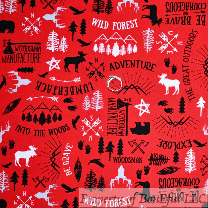 Cotton Fabric BTY Red B&W Forest Animal Camp Tree Lumberjack Cabin Print