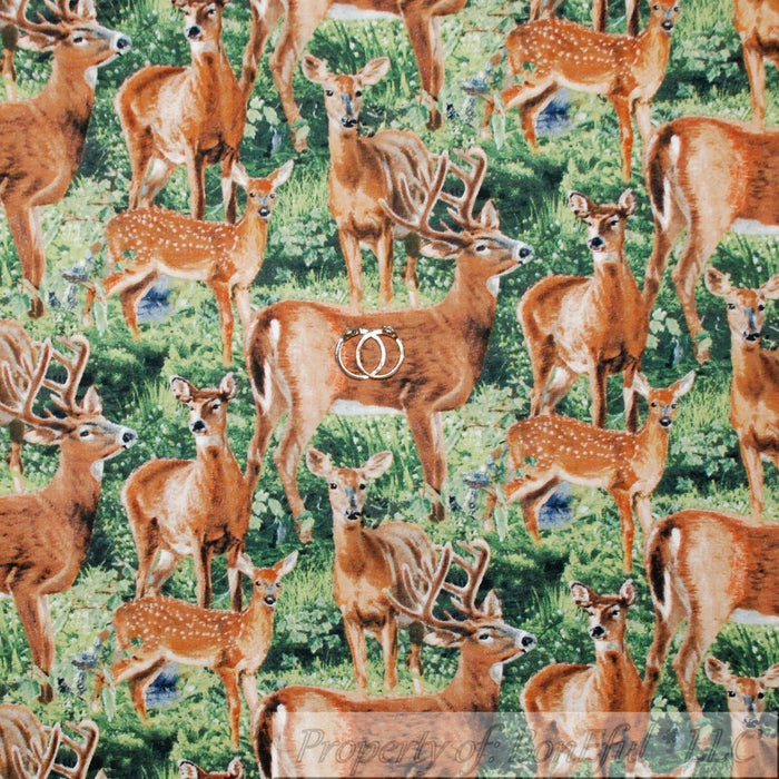 Cotton Fabric BTY Green Grass Spring Hunt Tree Deer Scenic Buck Doe