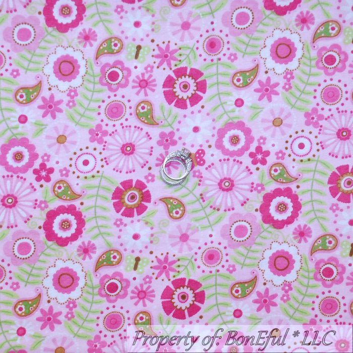 Flannel Fabric BTY Pink White Green Paisley Flower Butterfly Garden