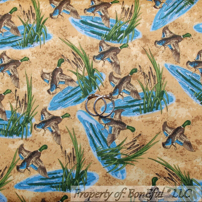 Cotton Fabric BTY Brown Blue Water Wood Duck Hunt Water Cabin Scenic