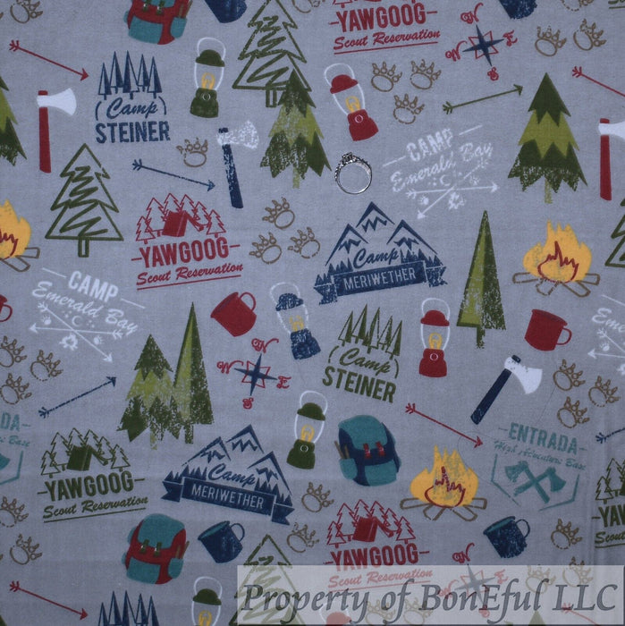 Flannel Fabric BTY Gray Green Tree Camp Fire Mountain Scenic