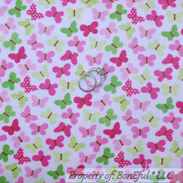 Flannel Fabric BTY White Pink Butterfly Calico Breast Cancer
