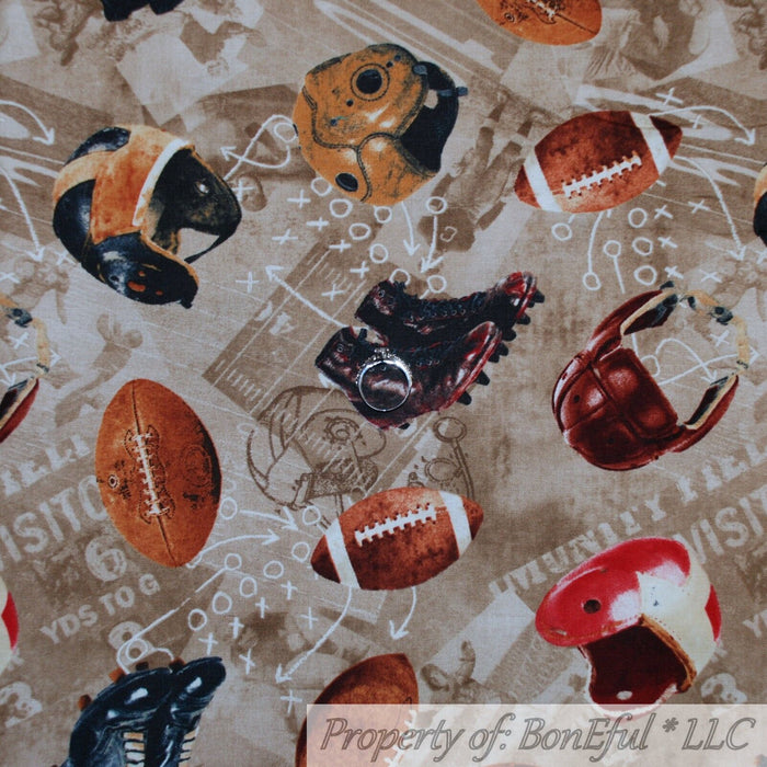 Cotton Fabric BTY VTG Brown Tan Antique Leather Old Football Boy Helmet Sport