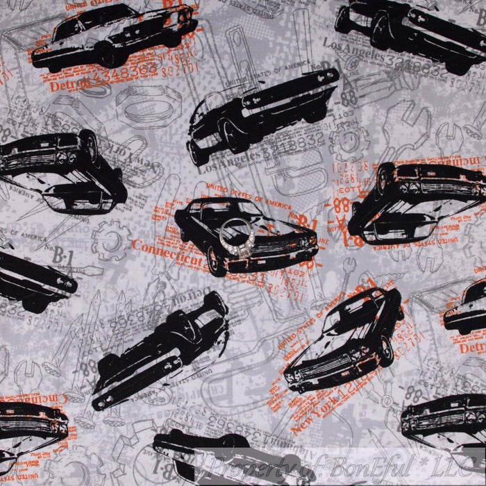 Cotton Fabric BTY Gray Black Orange Sports Race Car USA State Print