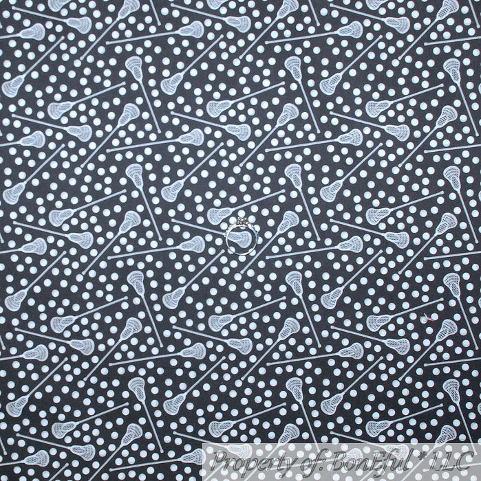 Cotton Fabric BTY Gray Black White B&W La Crosse Sport School Ball