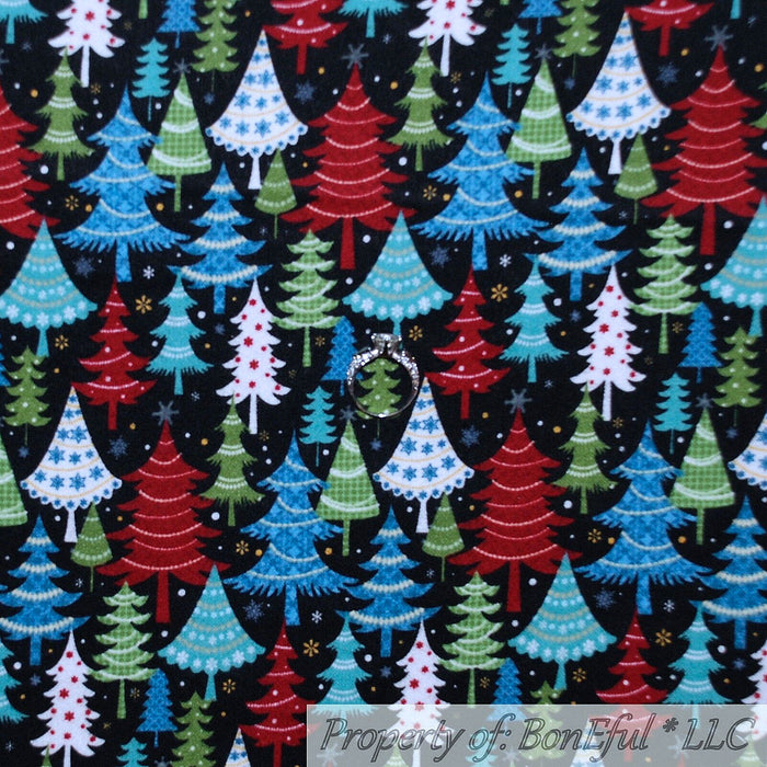 Flannel Fabric BTY Black Blue Red Green White Christmas Tree Forest