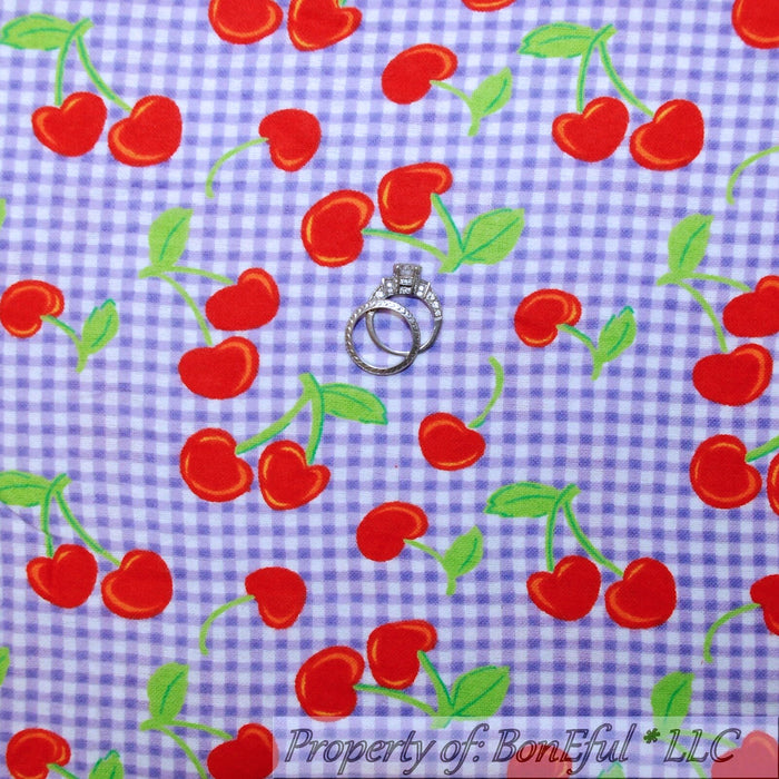 Flannel Fabric BTY Purple Gingham White Red Cherry Stem