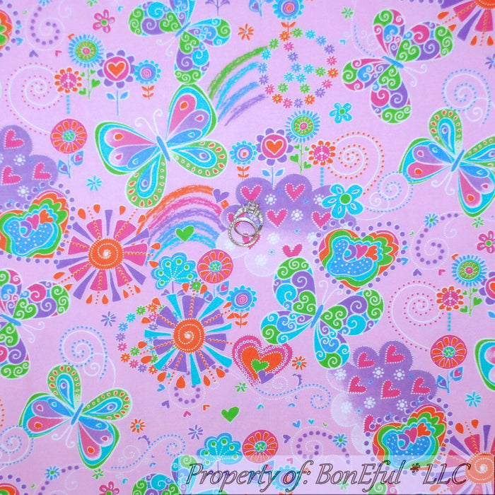 Flannel Fabric BTY Pink Rainbow Butterfly Flower Garden