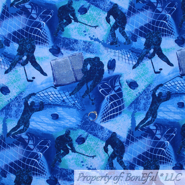 Cotton Fabric BTY Blue Ice Hockey Team Winter Boy Sport