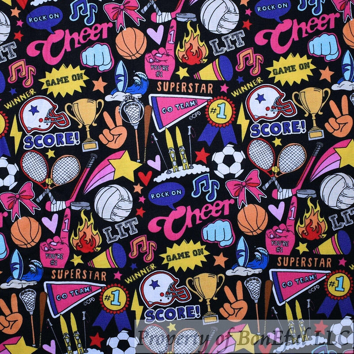 Cotton Fabric BTY Black Rainbow Girl Cheer Bow Sport Volleyball Kid