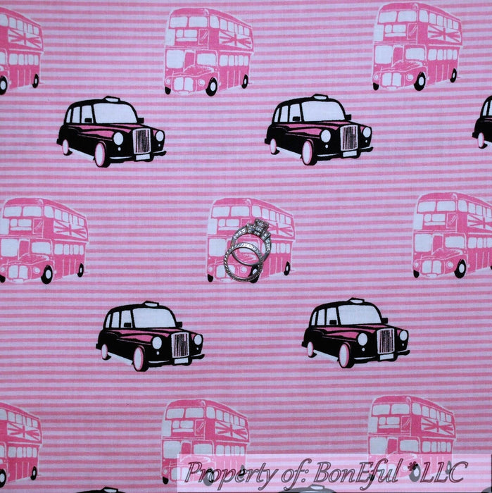 Cotton Fabric BTY Car B&W Taxy Bus Pink White Stripe