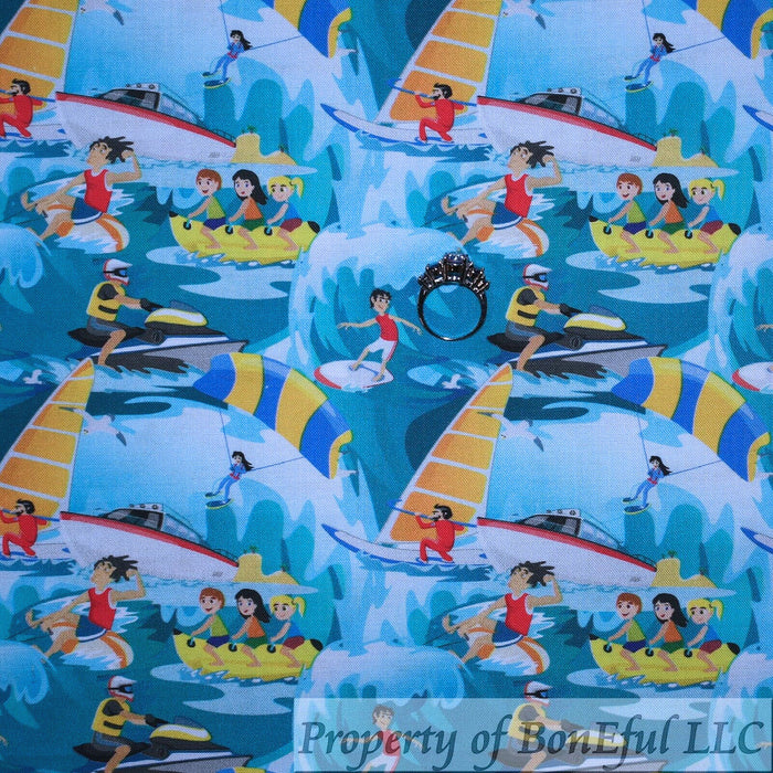 Cotton Fabric BTY Blue Water Sports Ocean Beach Boat Surf Board Kid
