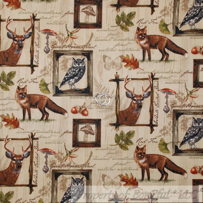 Cotton Fabric BTY Brown Deer Buck Acorn Leaf Wood Grain Cabin Owl