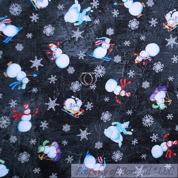 Cotton Fabric BTY Black Winter Snowflake Snowman Ski Xmas Sport Kid