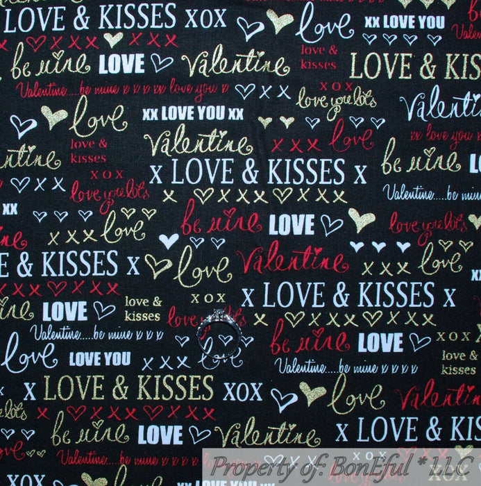 Cotton Fabric BTY VTG Black White B&W Red Heart LOVE Valentine Word