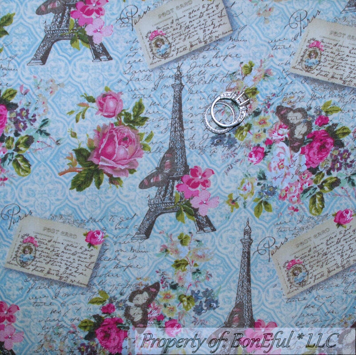 Cotton Fabric BTY Eiffel Tower Paris France Rose Flower Garden