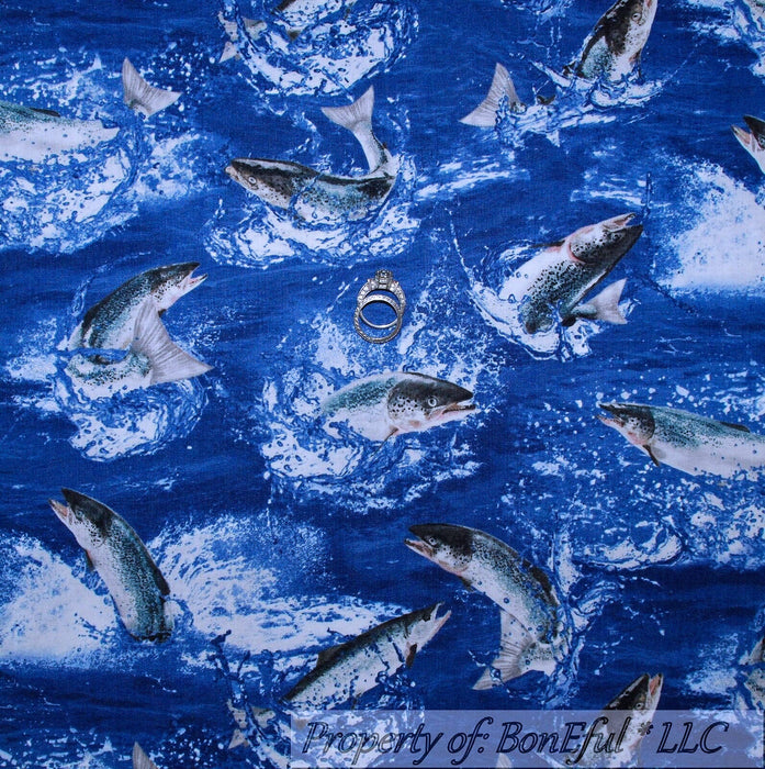 Cotton Fabric BTY Water Sea Ocean Fish Bass Trout Blue