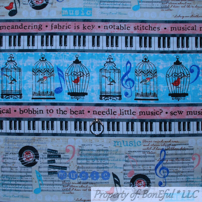 Cotton Fabric BTY Blue B&W Music Note Piano Keyboard Bird Stripe
