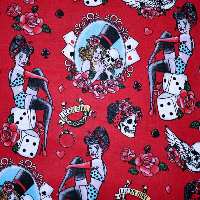 Cotton Fabric HY VTG Red Rose B&W Lady Sexy Wild Card Casino Dice Poker