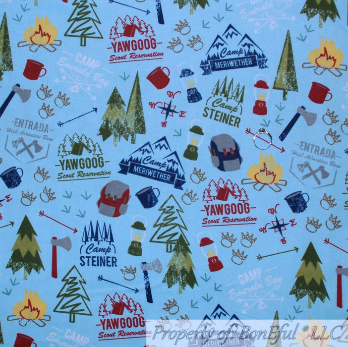 Flannel Fabric BTY Blue Green Tree Camp Fire Mountain Scenic