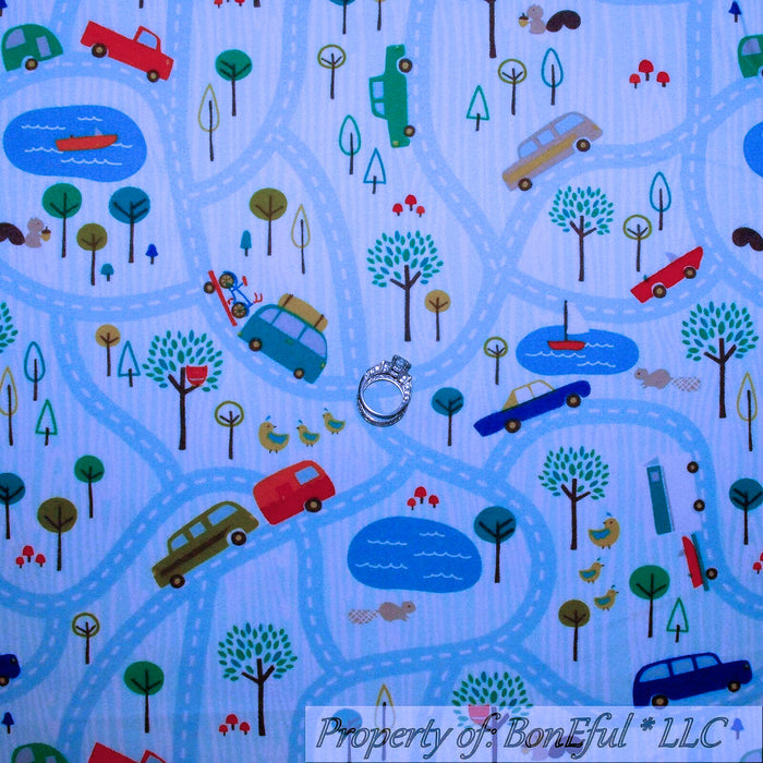 Flannel Fabric BTY Blue Baby Road Travel Car Scenic Drive