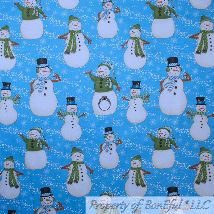 Flannel Fabric BTY Blue Snowman Snowflake Winter Holiday Scenic Xmas