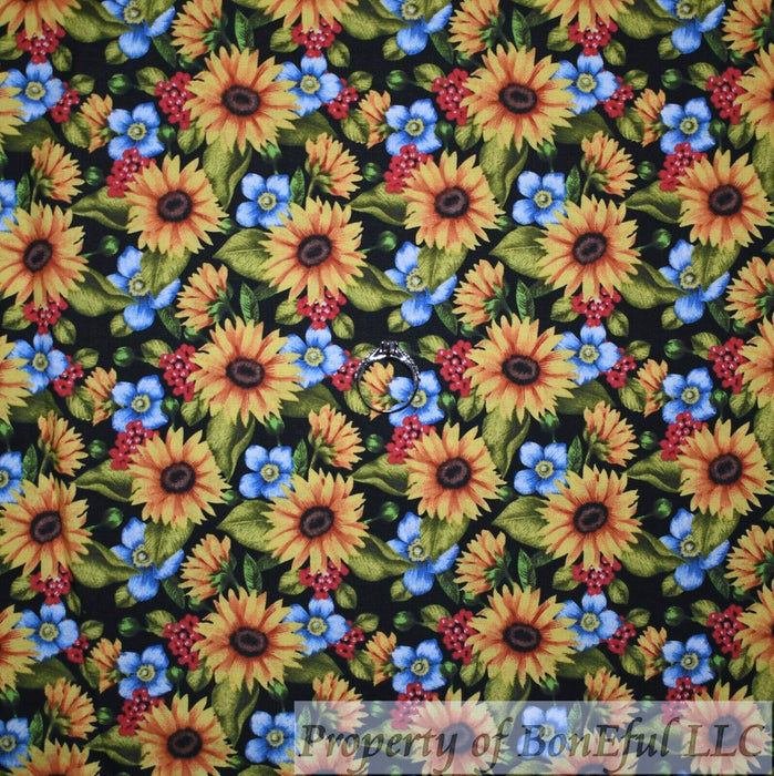 Cotton Fabric BTY Black Red Yellow Sun Flower Fall Leaf Holiday Print