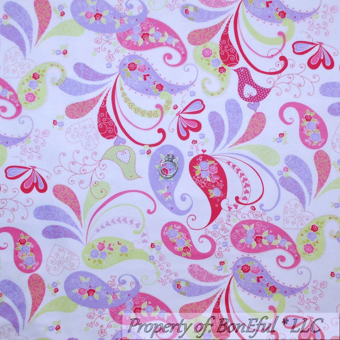 Flannel Fabric BTY White Pink Purple Love Bird Rose Paisley Flower
