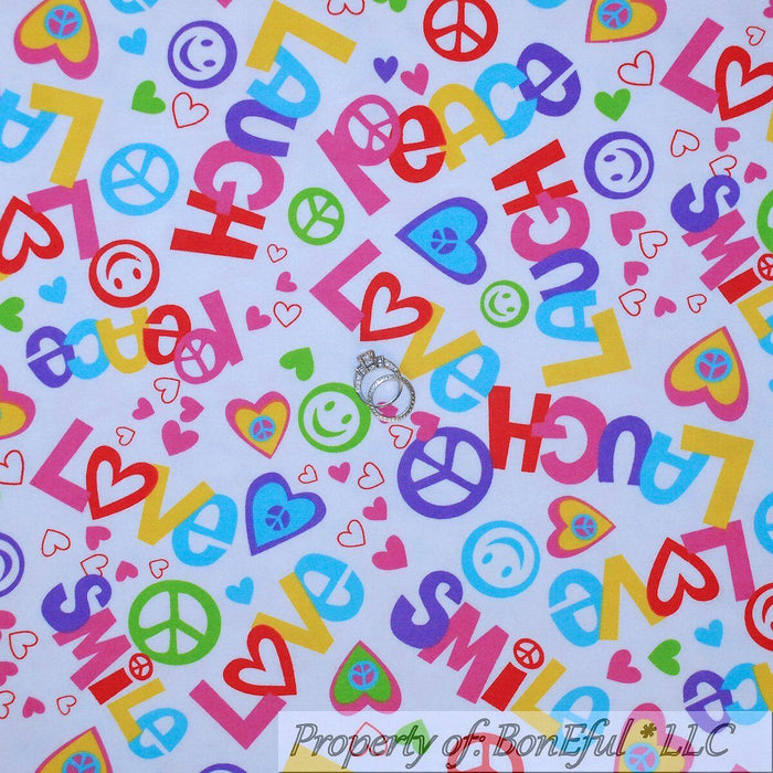 Flannel Fabric BTY White Rainbow Laugh Peace Sign Smile Word Emoji