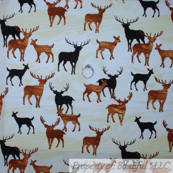 Cotton Fabric BTY White Cream Brown Cabin Animal Moose Deer Buck Scene