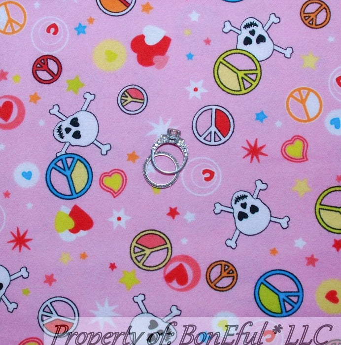 Flannel Fabric BTY Pink Skull Head Skeleton Peace Sign Heart Goth Girl