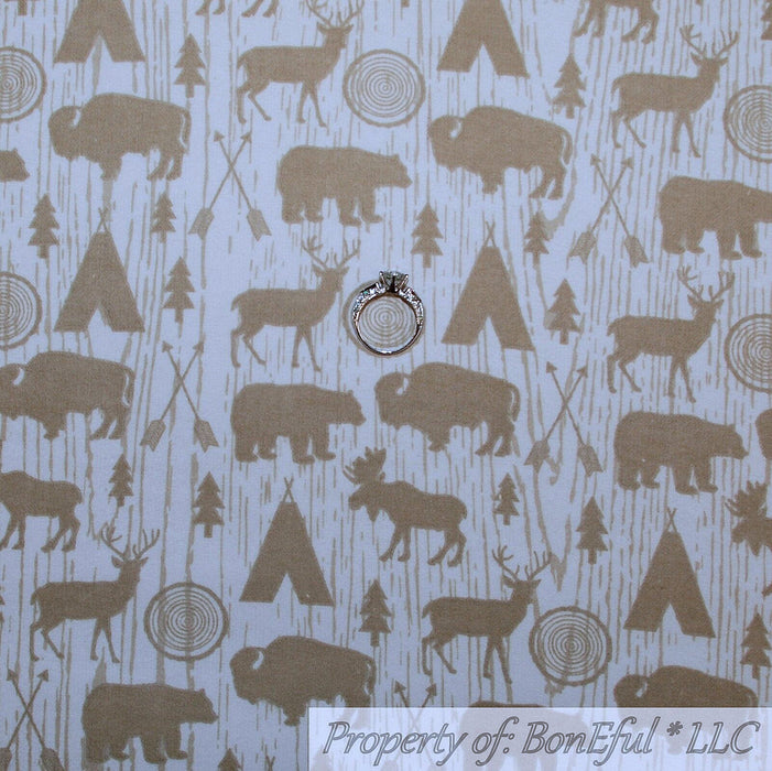 Flannel Fabric BTY White Tan Brown Wood Tree Animal Moose Elk Buck Bear