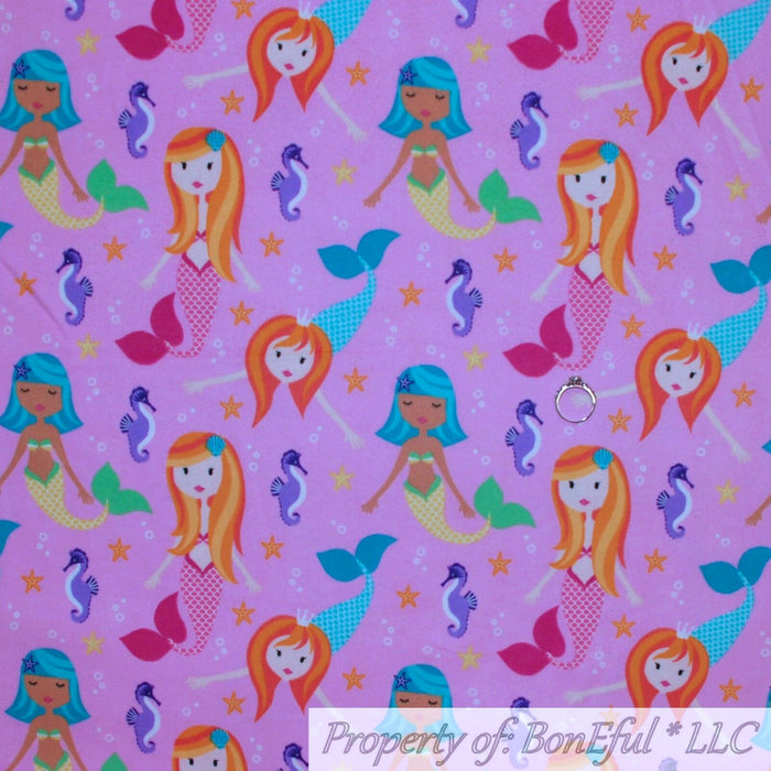 Flannel Fabric BTY Pink Mermaid Girl Seahorse Star Beach