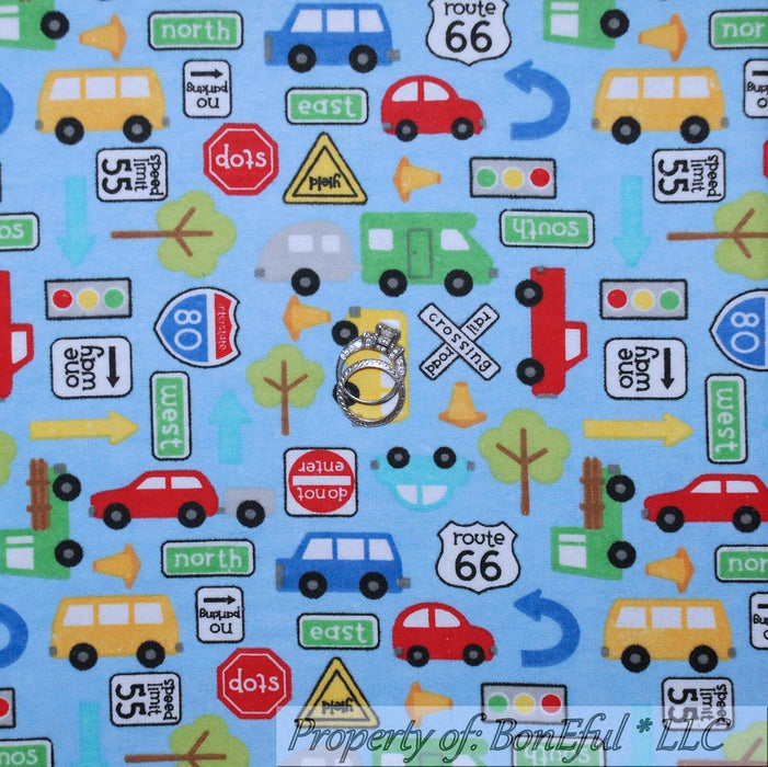 Flannel Fabric BTY Blue Baby Bus Car Route 66 Road Sign