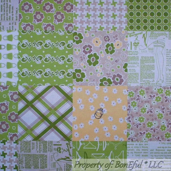 Cotton Fabric HY Green White Tonal Block Brown Yellow Flower Patchwork