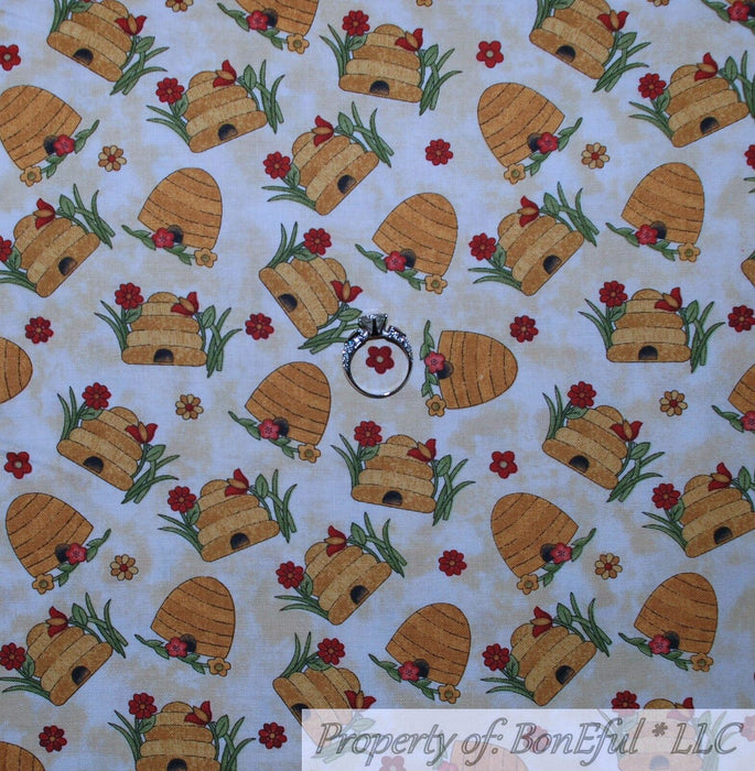 Cotton Fabric HY Cream Red Yellow Gold Bumble Bee Hive Farm Garden