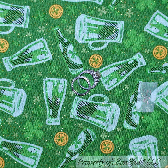 Cotton Fabric HY Green Gold Glitter St Patrick Day Clover Irish Beer Dot