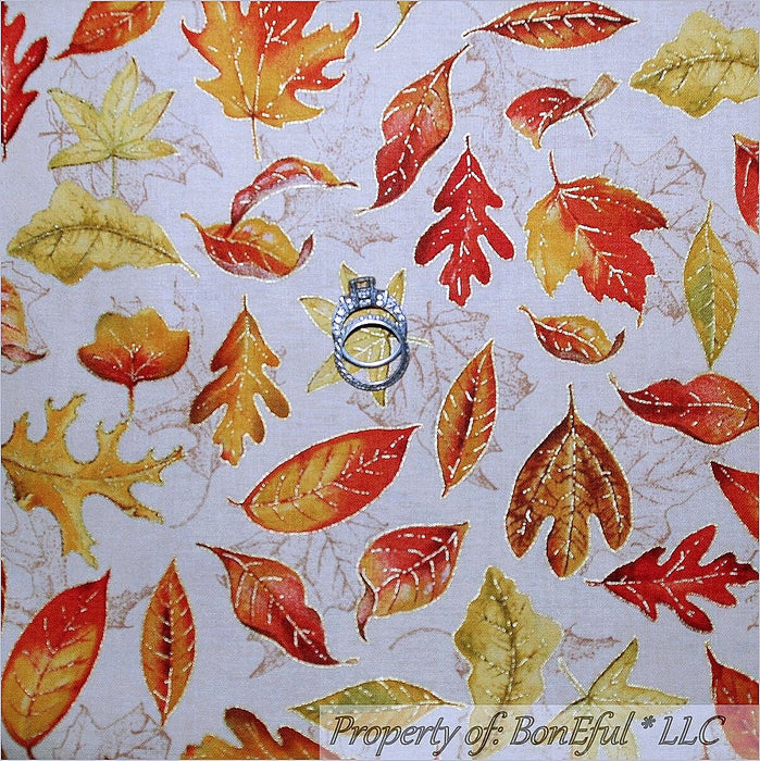 Cotton Fabric BTY Cream Fall Leaf Gold Metallic Holiday Print