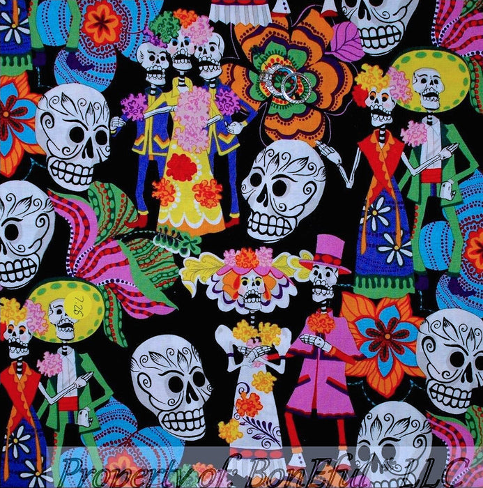 Cotton Fabric HY Black B&W Rainbow Skeleton Sugar Skull Head Mexican Flower