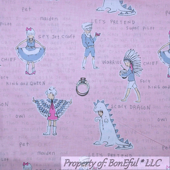 Cotton Fabric BTY Pink White Gray Princess Girl Owl Word Dragon