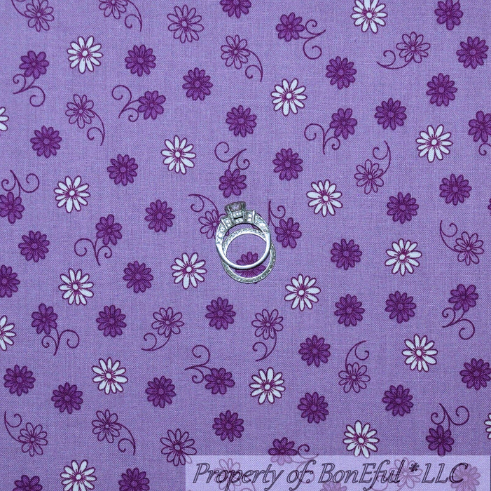 Cotton Fabric BTY Purple White Daisy Flower Calico Small Swirl Dot