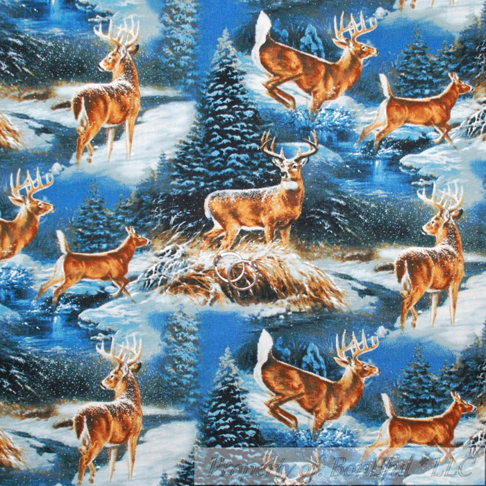 Cotton Fabric BTY Blue Sky Winter Forest Tree Holiday Scene Brown Deer Hunt