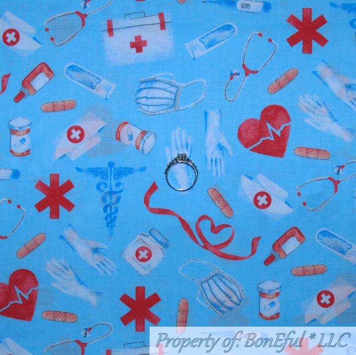 Cotton Fabric BTY Blue White Red Dr Nurse Medical RN Bag Heart Mask