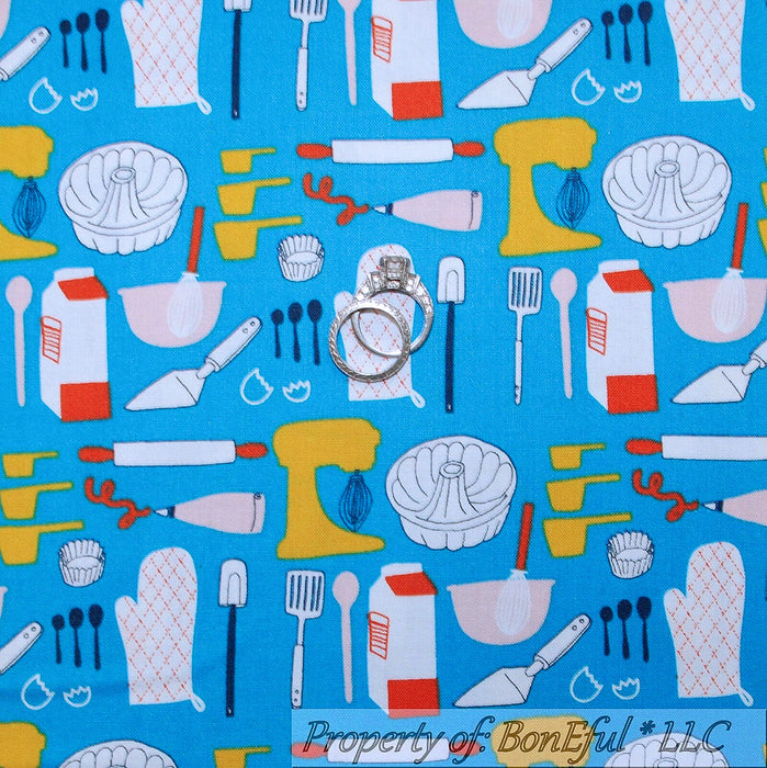 Cotton Fabric BTY Blue Red White B&W RETRO Kitchen Mixer Bake Cook