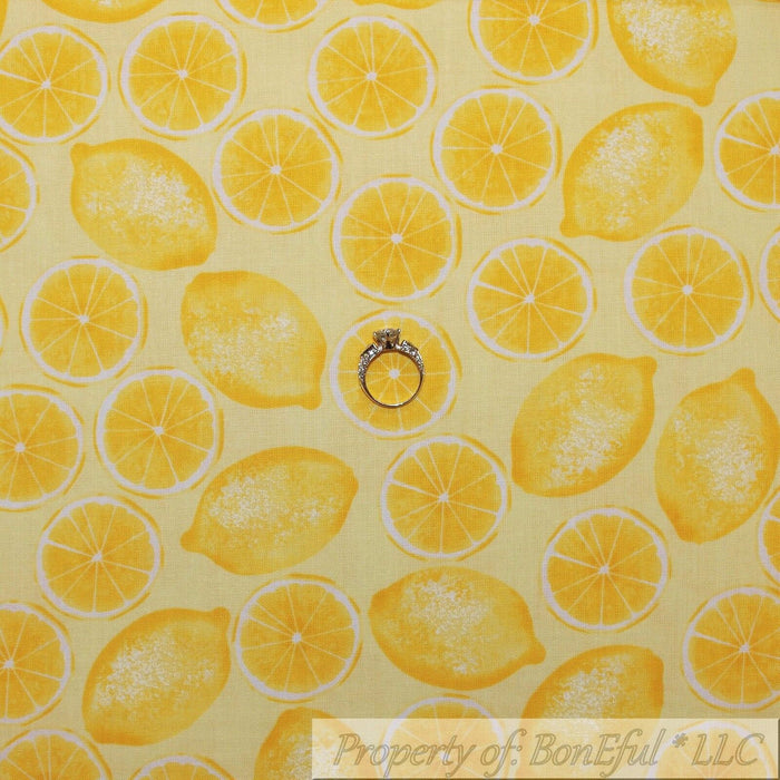 Cotton Fabric BTY Yellow Bright Food Drink Lemon Slice Citrus Fruit