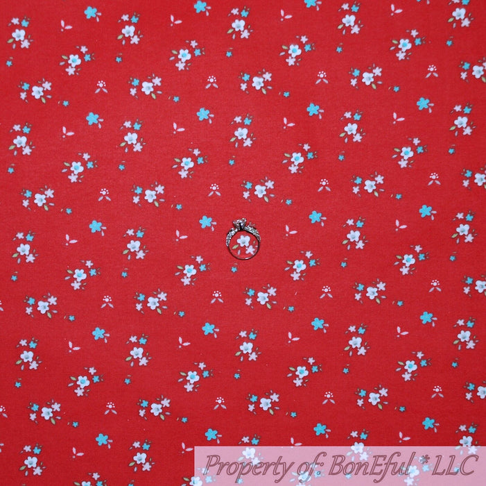 Flannel Fabric BTY Red Blue White Tiny Small Little Flowers
