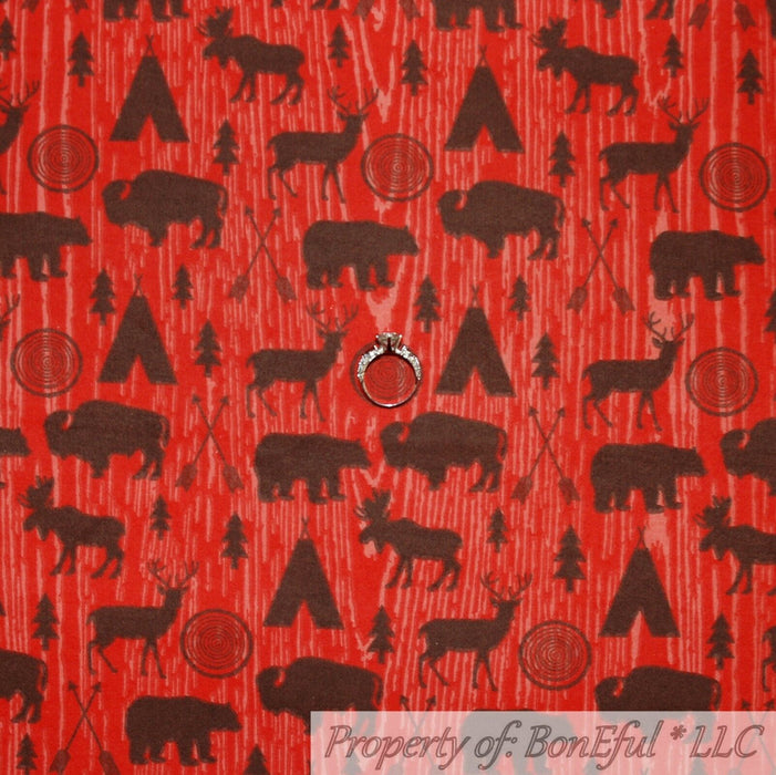 Flannel Fabric BTY Red Teepee Tent Camp Cabin Animal Deer Bull Bear Tree