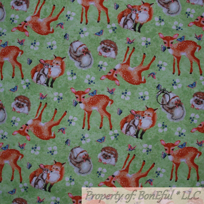 Cotton Fabric BTY Green Grass White Farm Fox Bunny Hedgehog Deer Squirrel