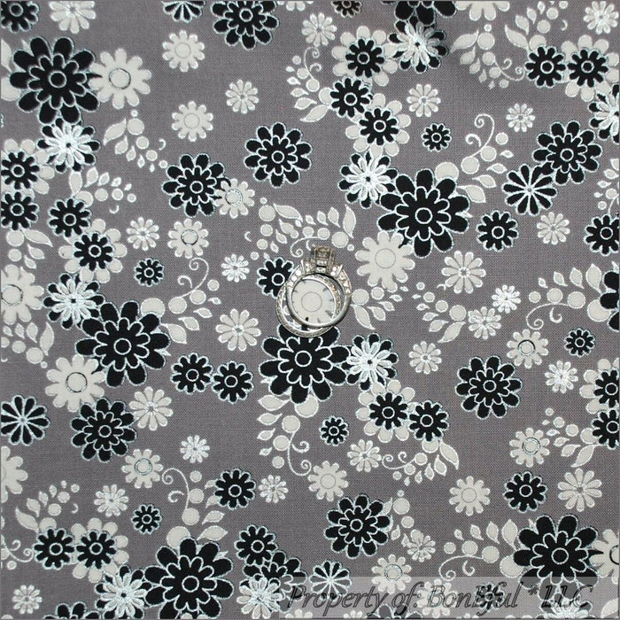 Cotton Fabric BTY Gray Black White B&W Flower Metallic Silver Swirl