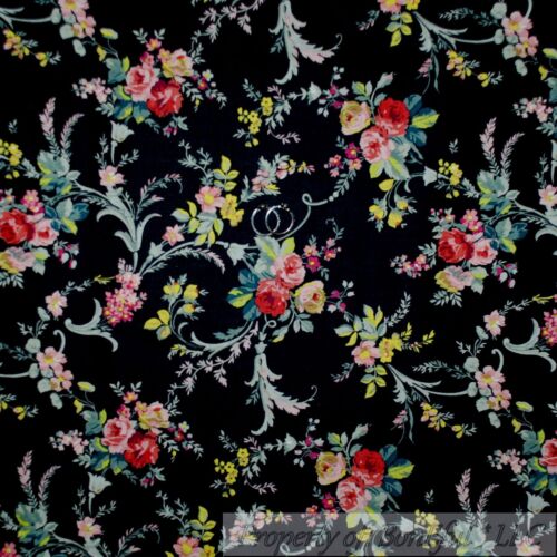 Cotton Fabric BTY Black Toile Red Pink Rose Floral Spray Bouquet